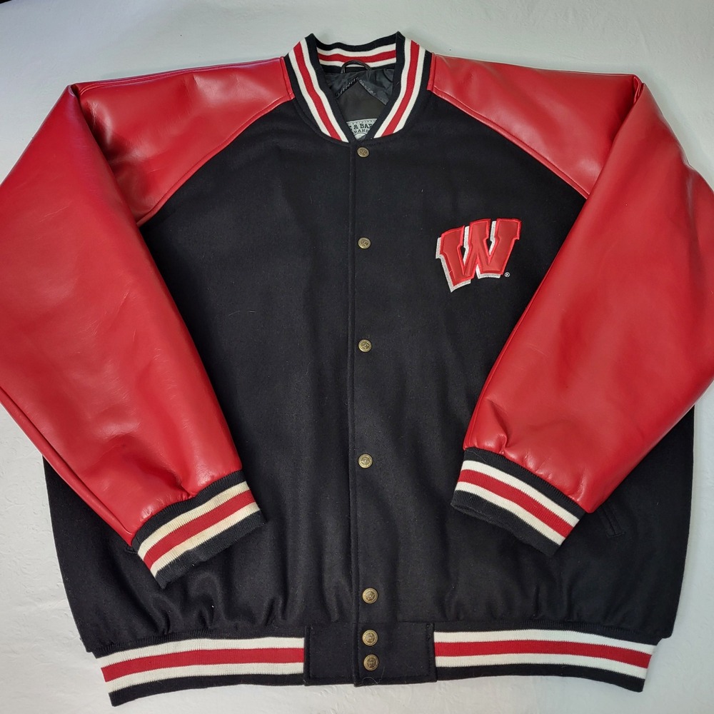 Steve Barrys Wisconsin Badgers Varsity Jacket Faux Vegan Leather Red W Logo XXL